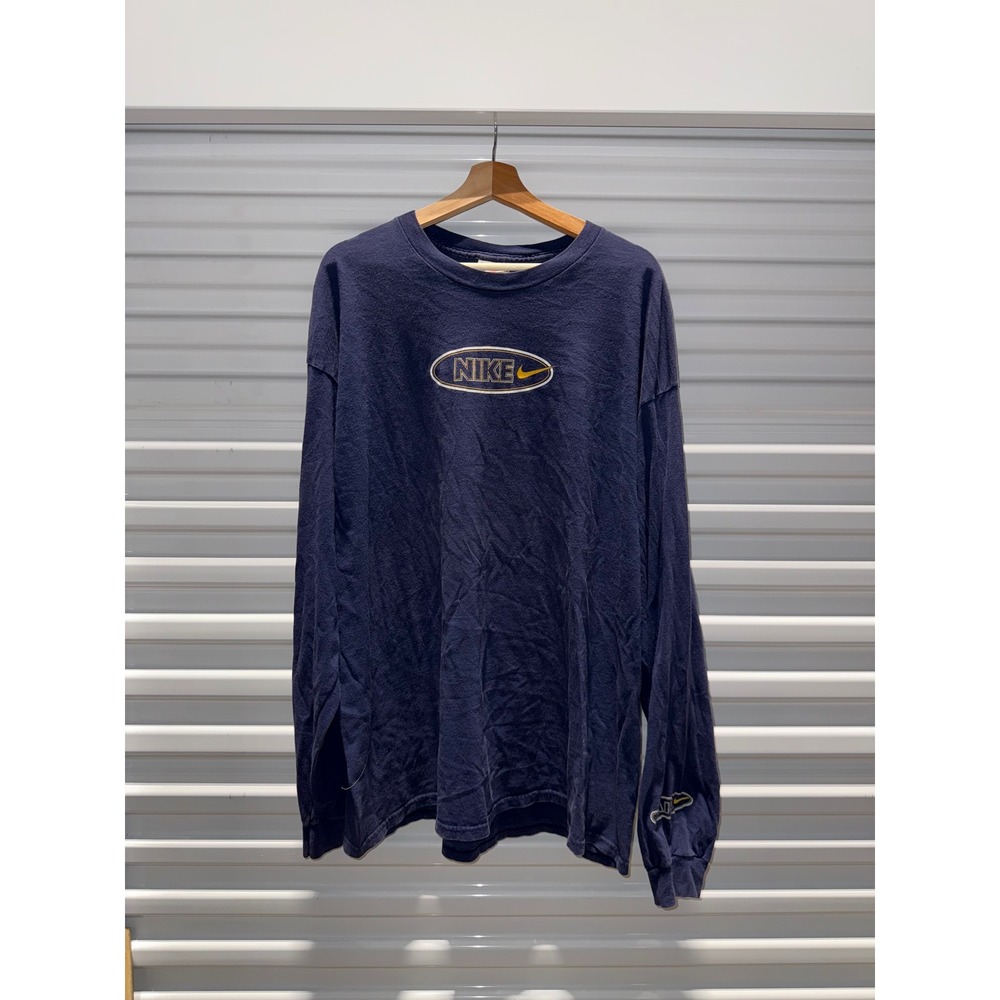 Vintage Nike Long Sleeve T-Shirt Navy Blue Embroidered Logo XXL Made in USA